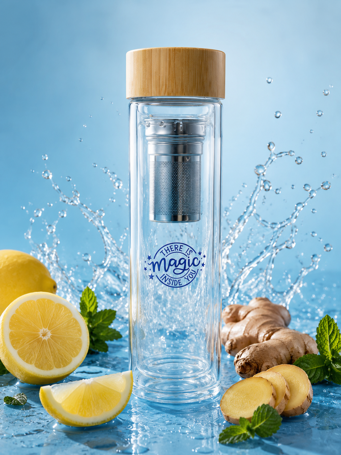 Double wall glass bottle with infuser