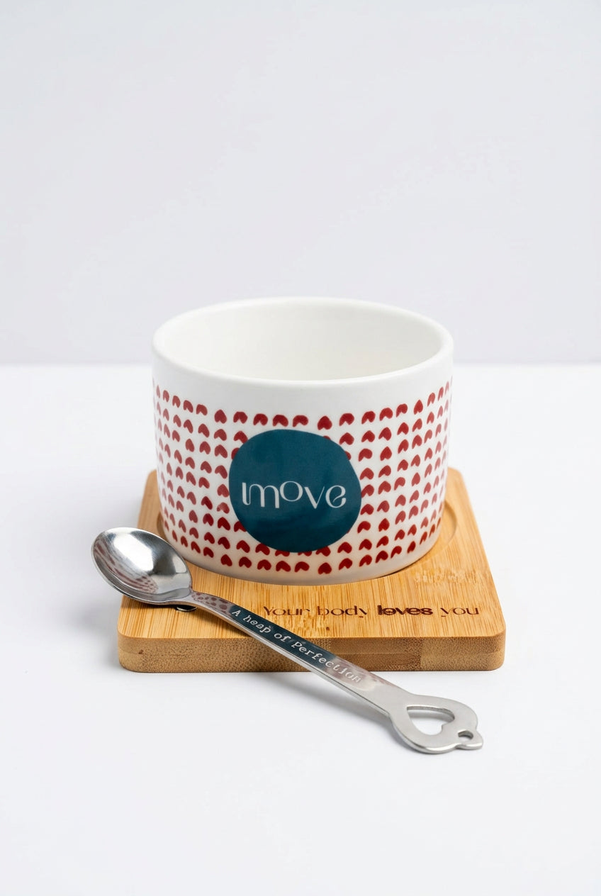 Wellbeing cup with handle, wooden engraved coaster and spoon