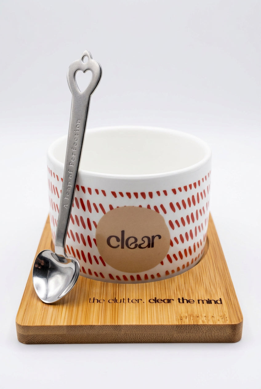 Wellbeing cup with handle, wooden engraved coaster and spoon