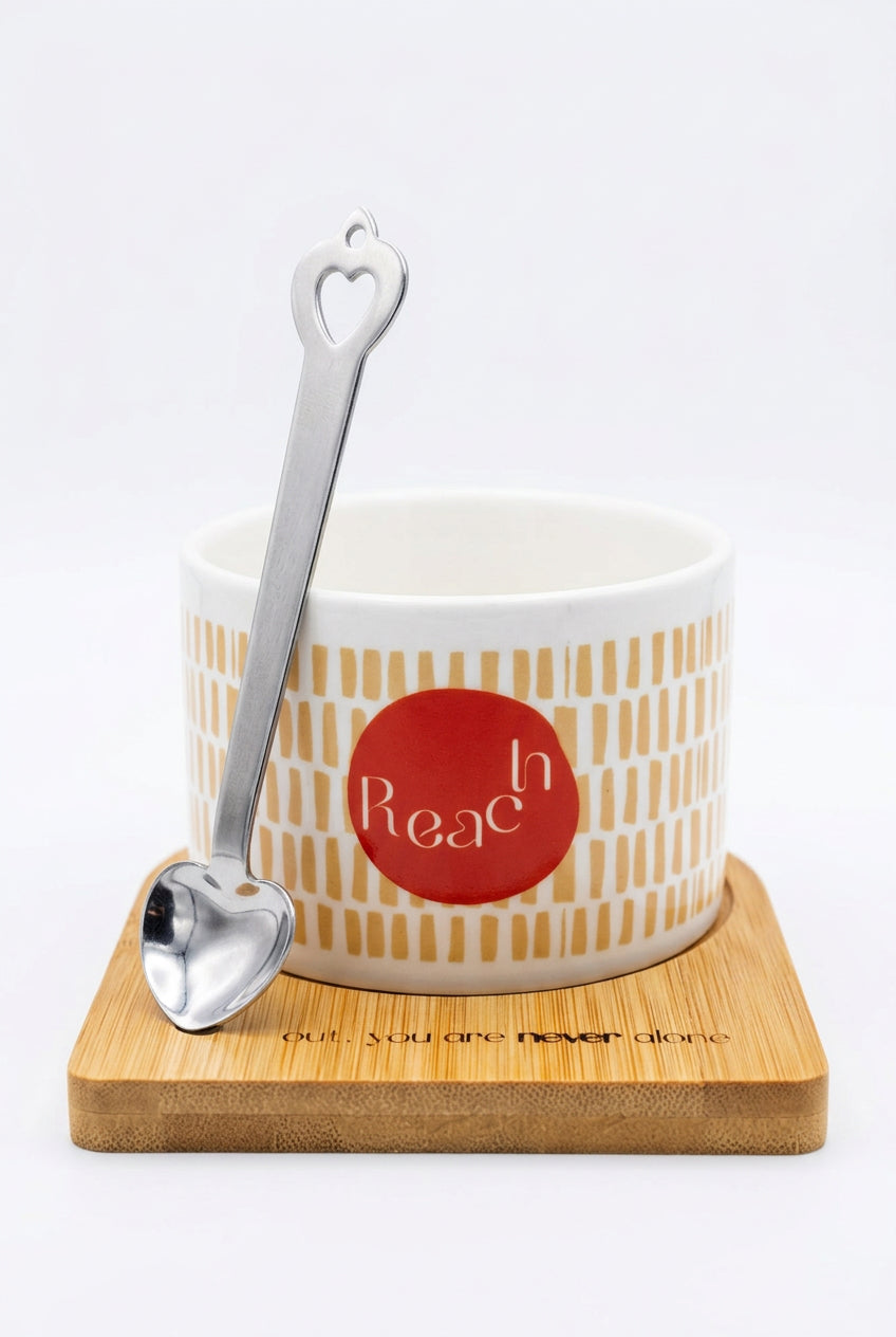 Wellbeing cup with handle, wooden engraved coaster and spoon