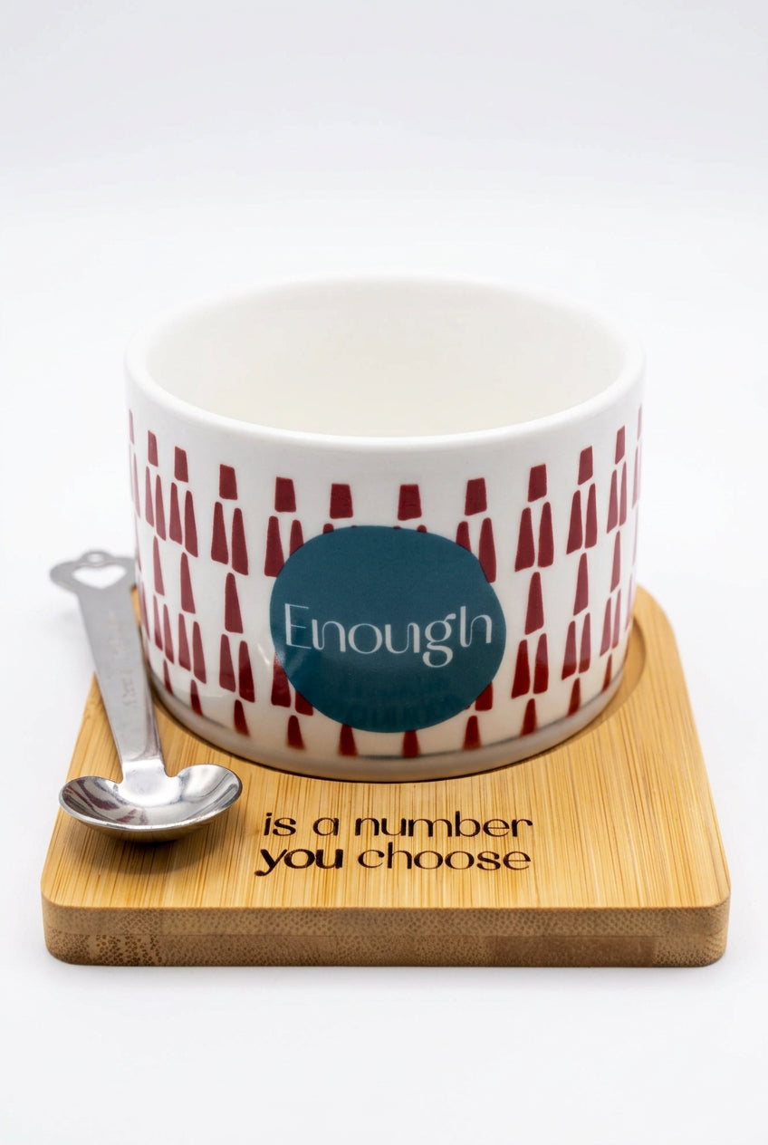Wellbeing cup with handle, wooden engraved coaster and spoon