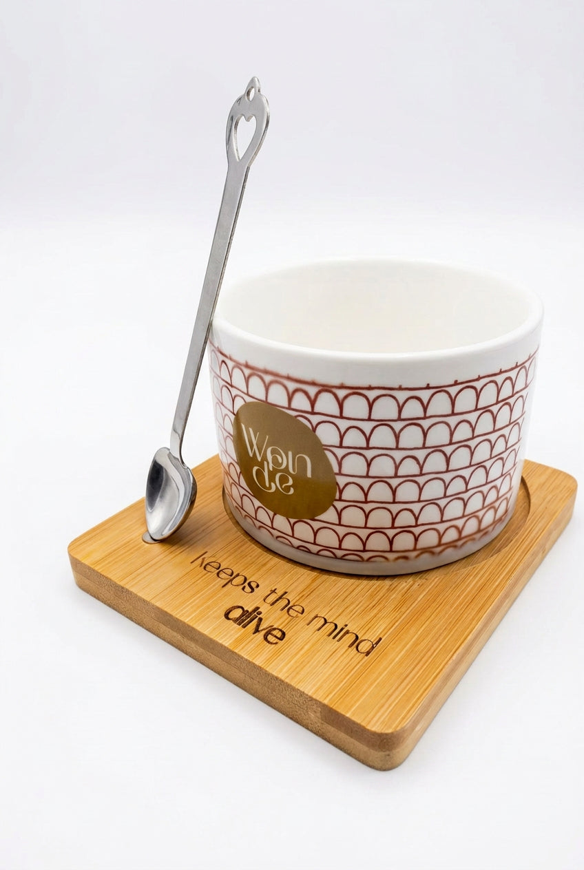 Wellbeing cup with handle, wooden engraved coaster and spoon