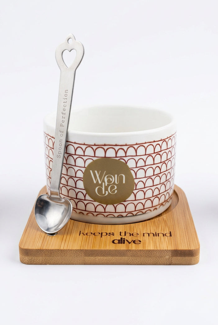 Wellbeing cup with handle, wooden engraved coaster and spoon