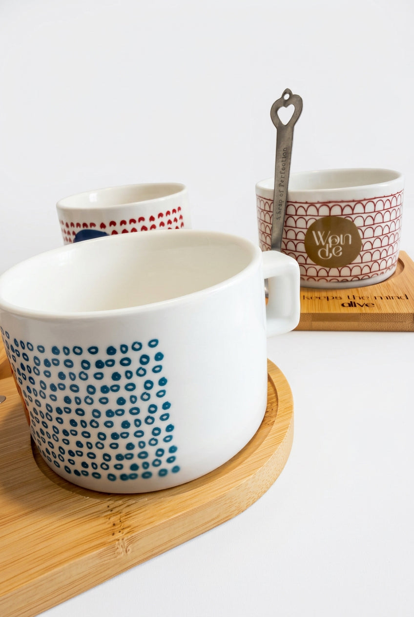 Wellbeing cup with handle, wooden engraved coaster and spoon